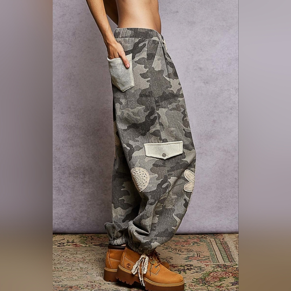 #796 Camo Pants In Printed Detail With  Crochet Patches - Picture 2 of 9